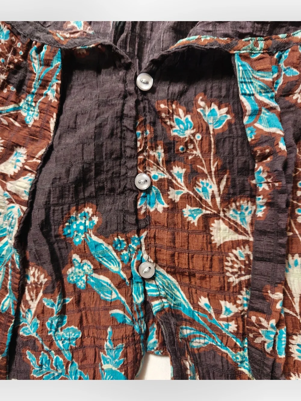 Free People Floral Crinkle Tie Front Blouse Small Brown Turquoise Boho Top